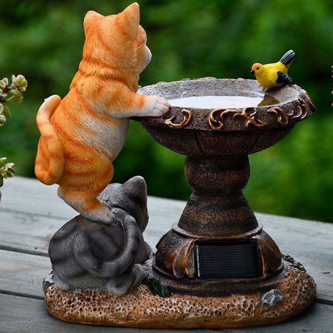 Orange and black kittens positioned around illuminated decorative fountain in outdoor setting