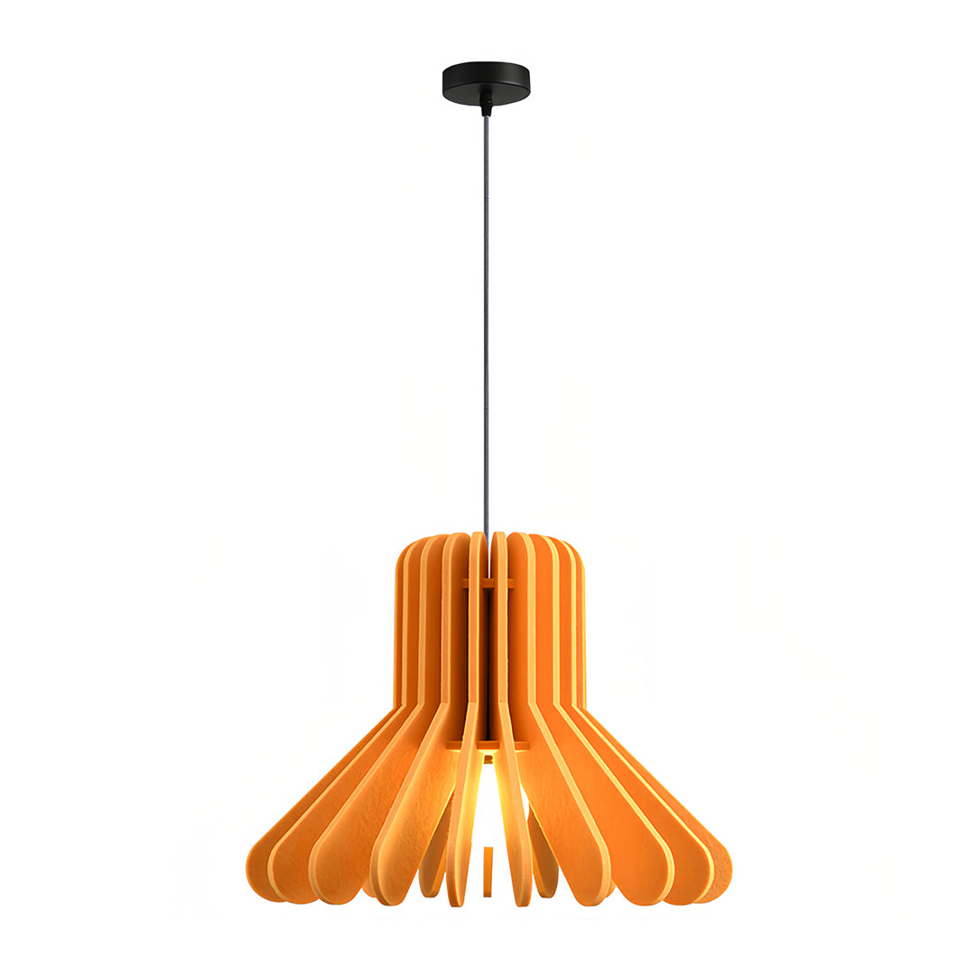 Warm orange felt slat tiny pendant light with curved bell shade design on white 