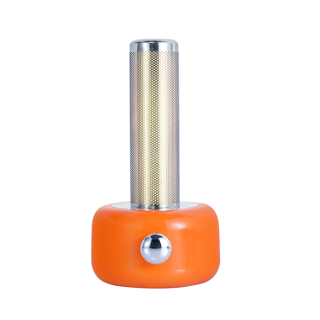 Orange industrial metal USB rechargeable table lamp with geometric textured shade design