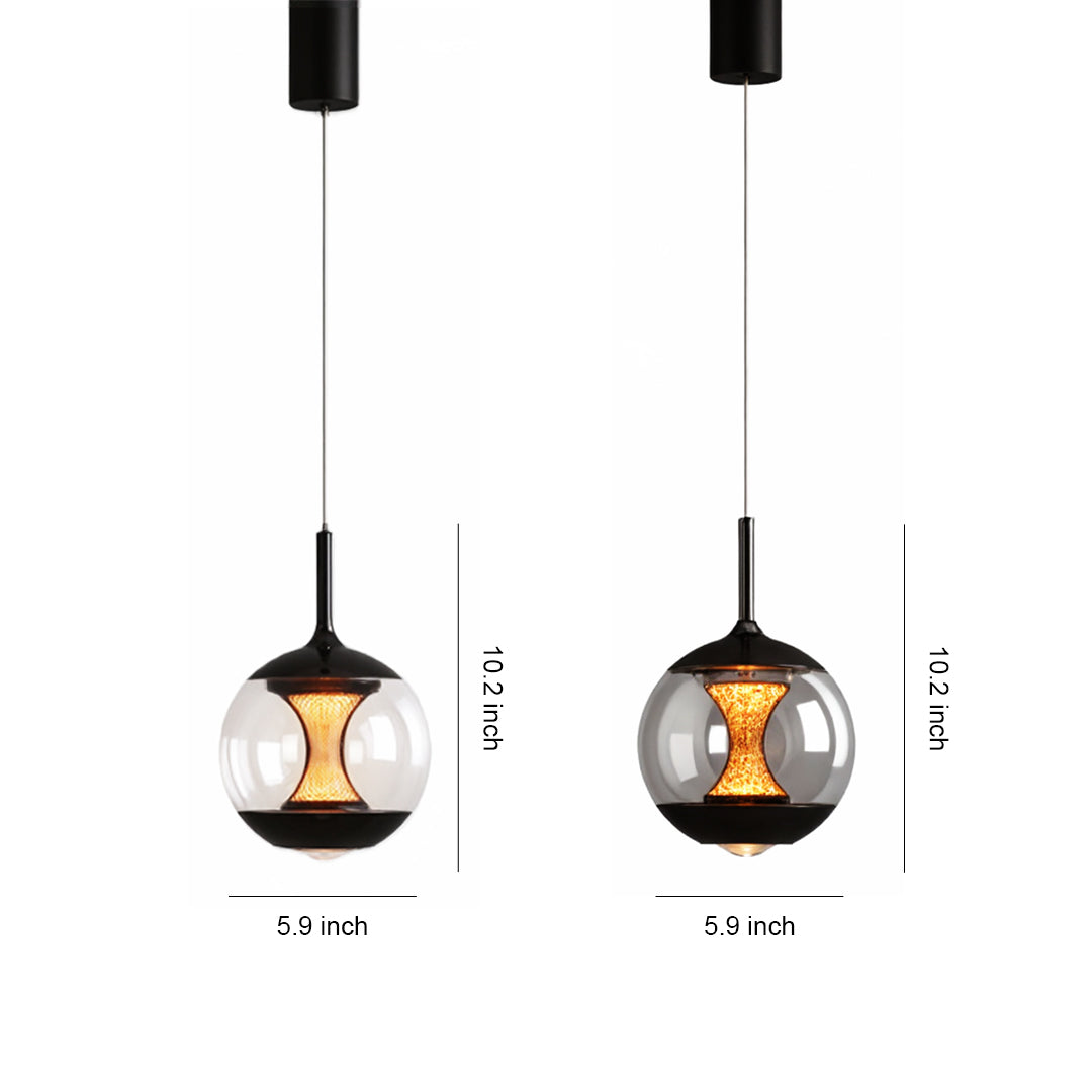 Orb pendant light with spherical smoke glass shade and mesh insert creating warm ambient glow in black finish