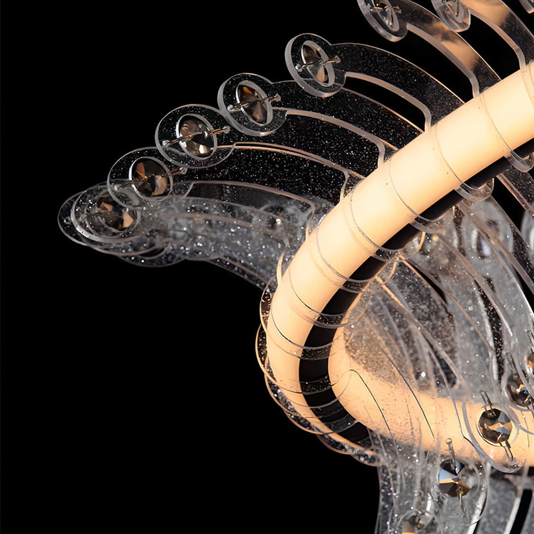 Premium spiral chandelier with organic curved design and decorative crystal spheres creating stunning visual impact