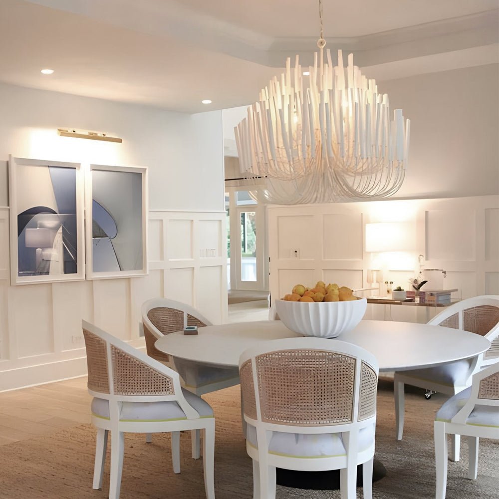 Organic stick chandelier white painted wooden ceiling light adds natural elegance and warm illumination to living rooms and dining areas.