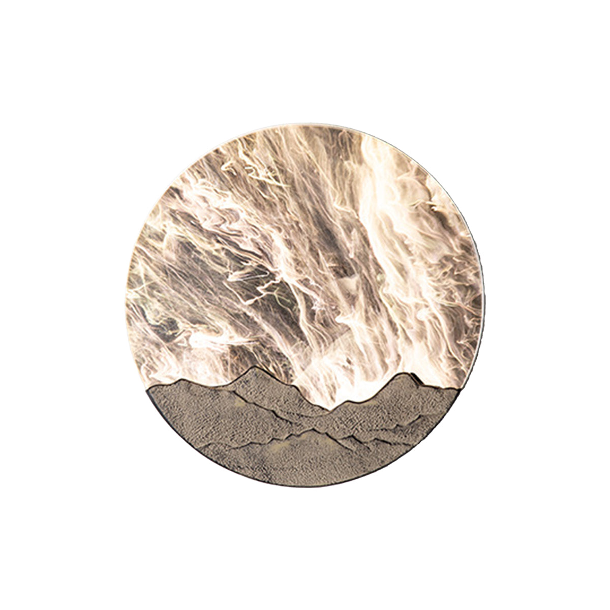 Modern circular wall light with organic texture pattern mounted on neutral background
