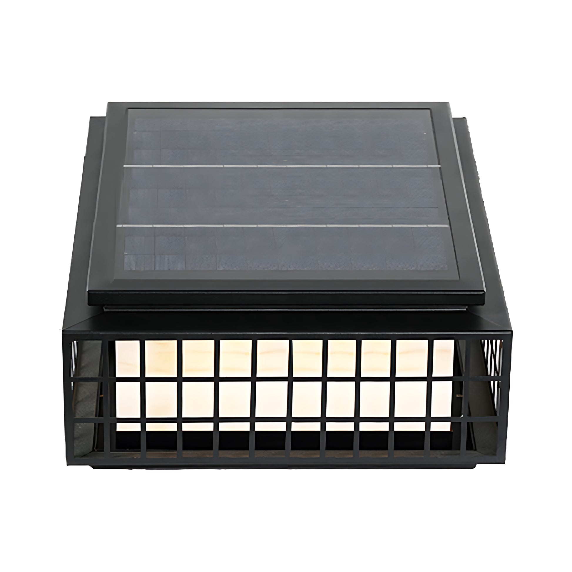 Oriental-style solar post light with extended horizontal design and traditional lattice pattern for pathway illumination