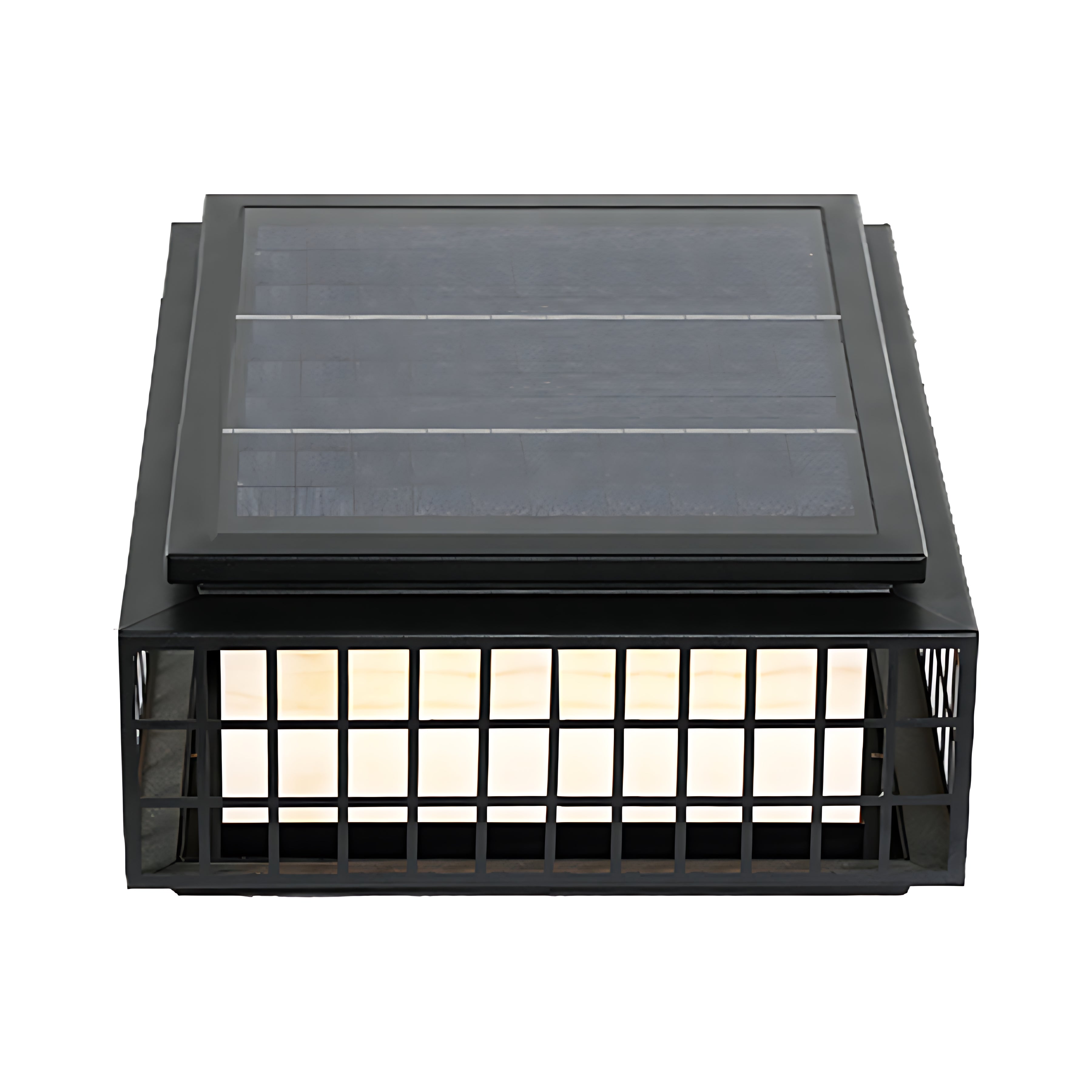 Oriental-style solar post light with extended horizontal design and traditional lattice pattern for pathway illumination