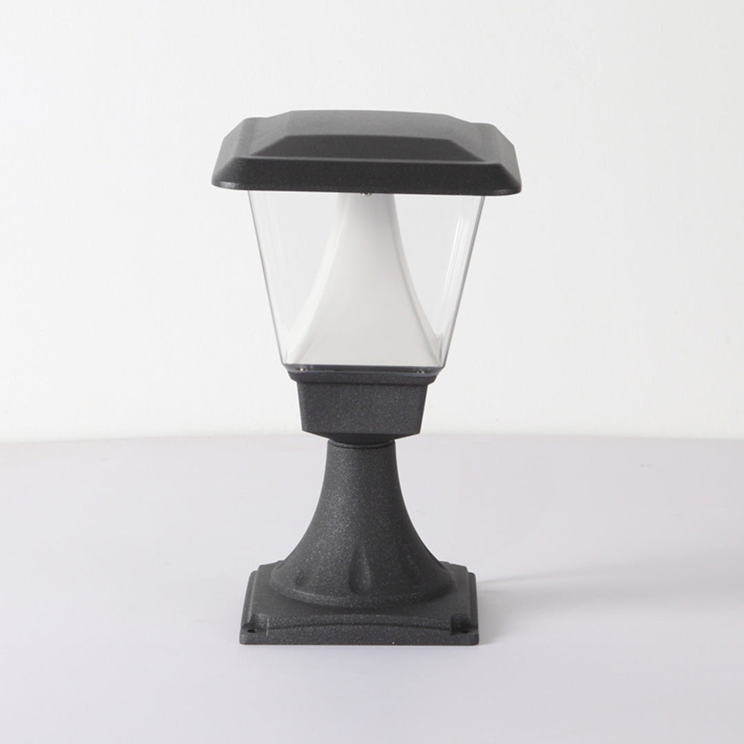 Black decorative bollard with ornate base and white frosted glass lantern shade