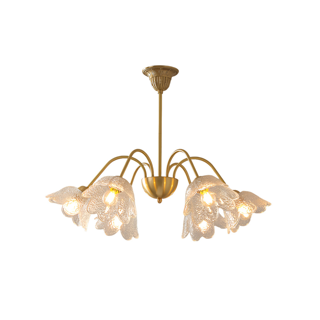 Decorative glass shades chandelier with ornate brass construction and delicate glass pendant shades