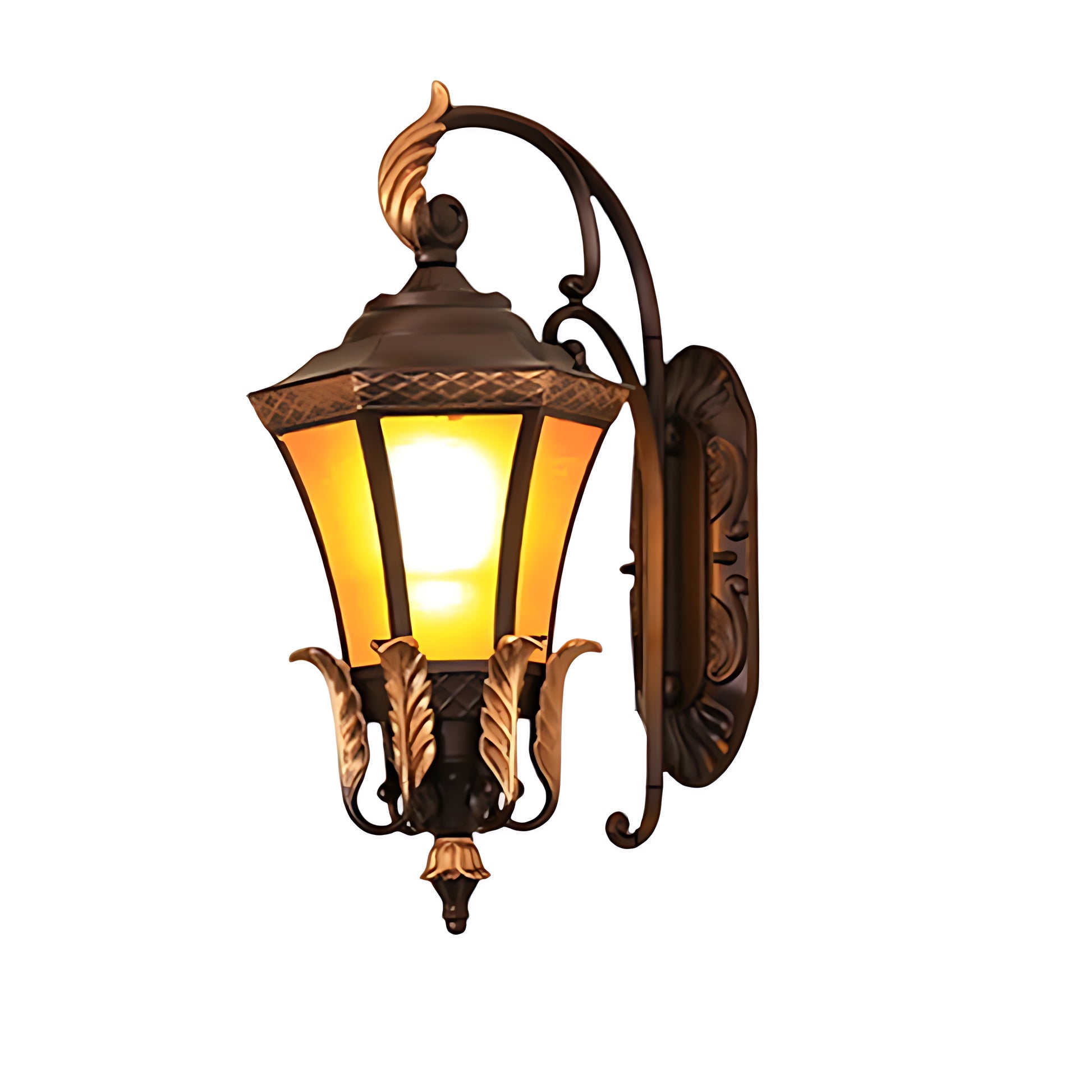 Ornate bronze wall sconce with decorative metalwork and warm LED glow for traditional exterior architectural lighting
