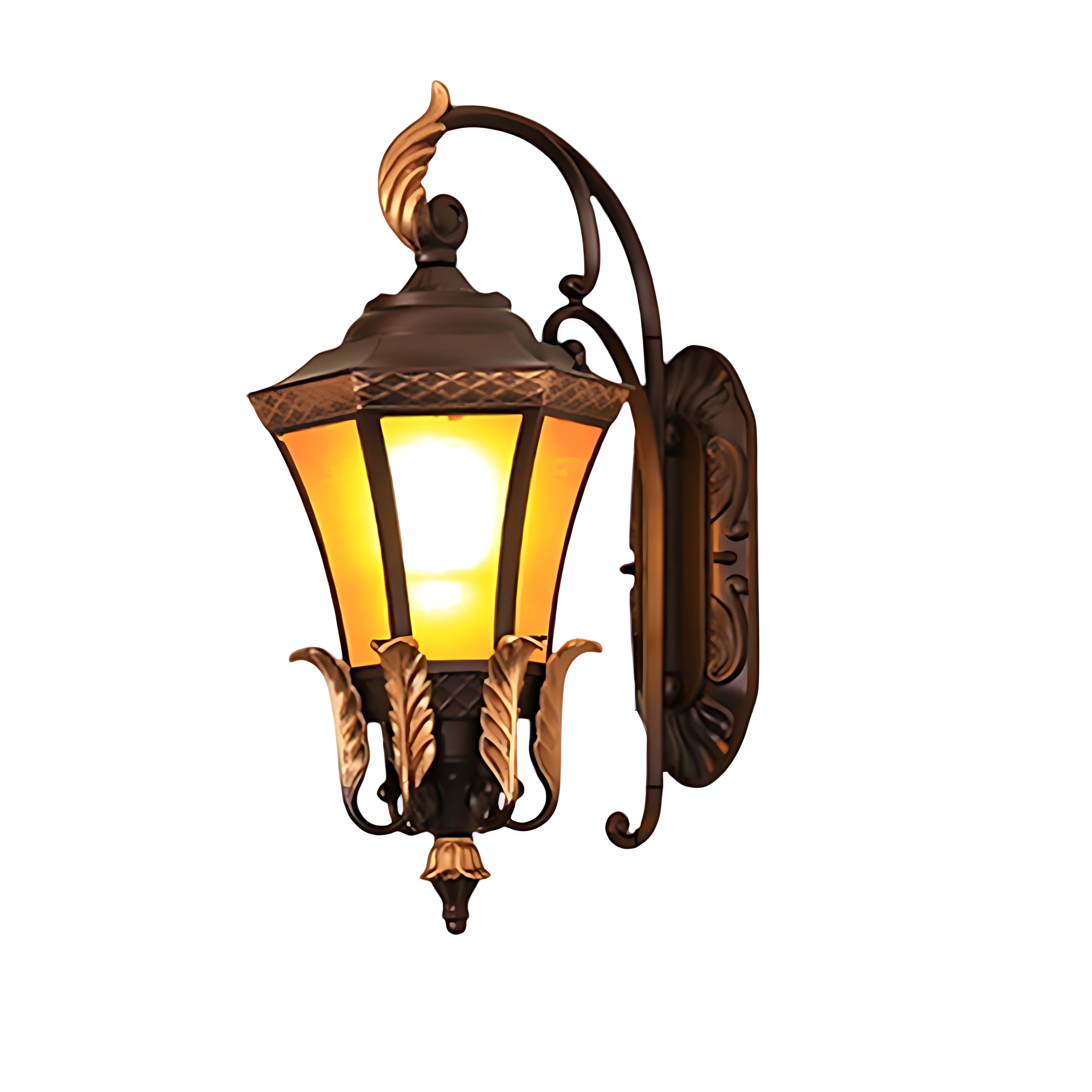 Ornate bronze wall sconce with decorative metalwork and warm LED glow for traditional exterior architectural lighting