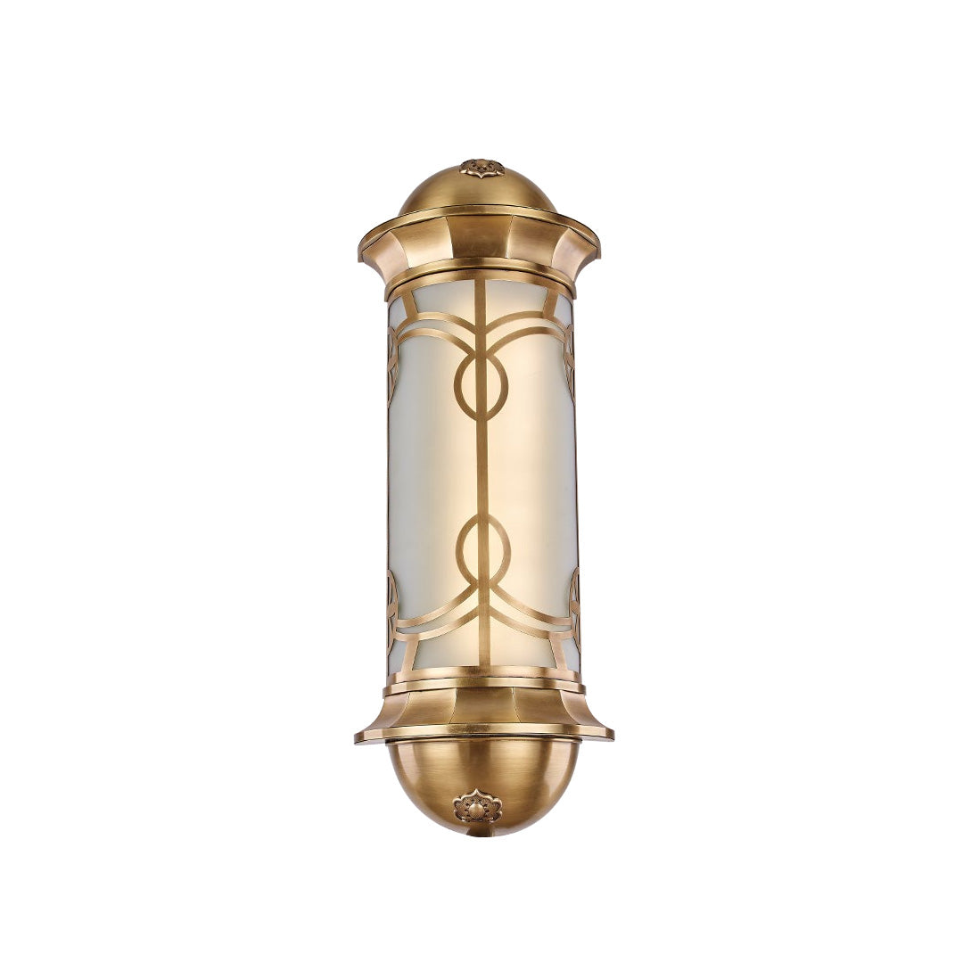 Ornate copper outdoor wall sconce with intricate detailing, enhancing the elegance of outdoor entrances and facades.