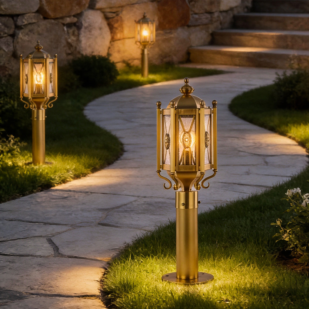 Ornate copper path light with intricate details, perfect for adding a touch of sophistication to garden pathways.