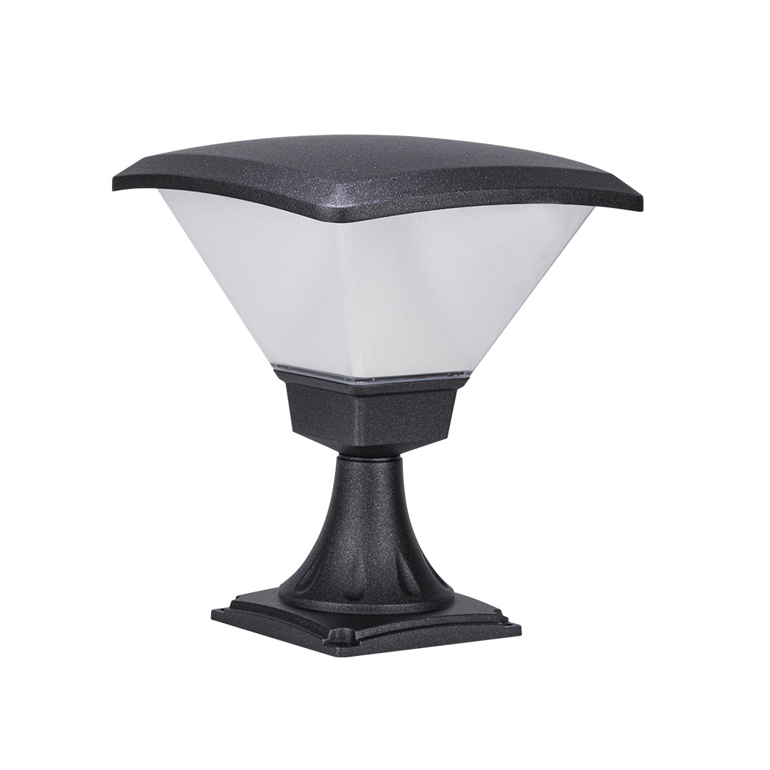 Black decorative bollard light with ornate pedestal base and frosted glass shade