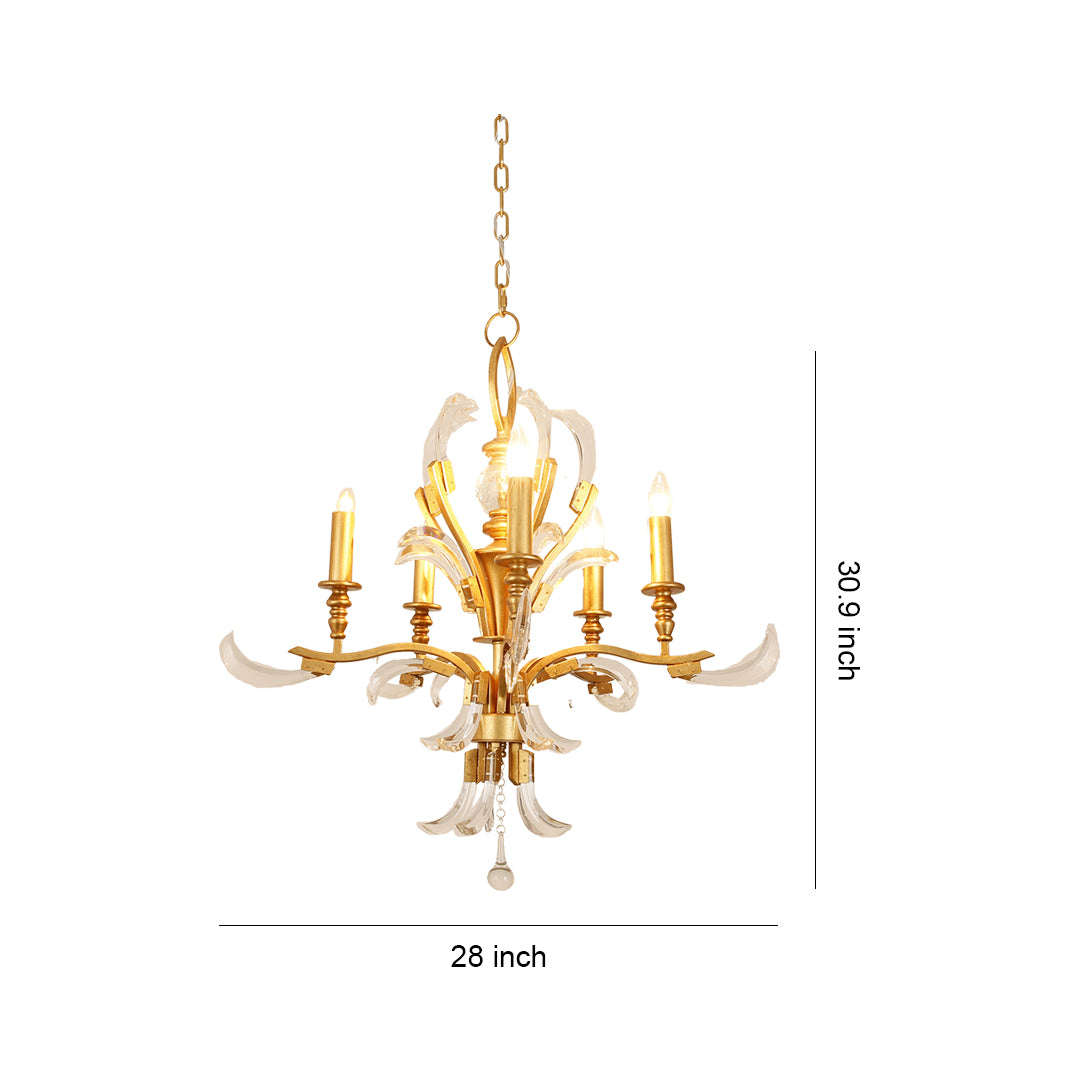 Sizing reference for the ornate gold and crystal chandeliers, showing a drop height of 30.3 inches and 28 inches width.