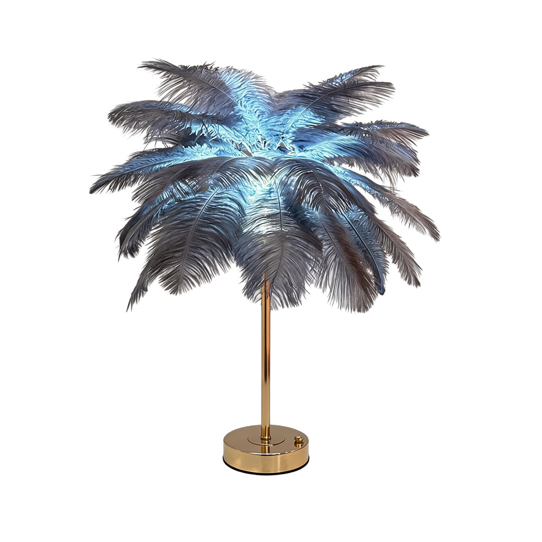 Ostrich feather table lamp with a black feather design, enhancing a modern interior.