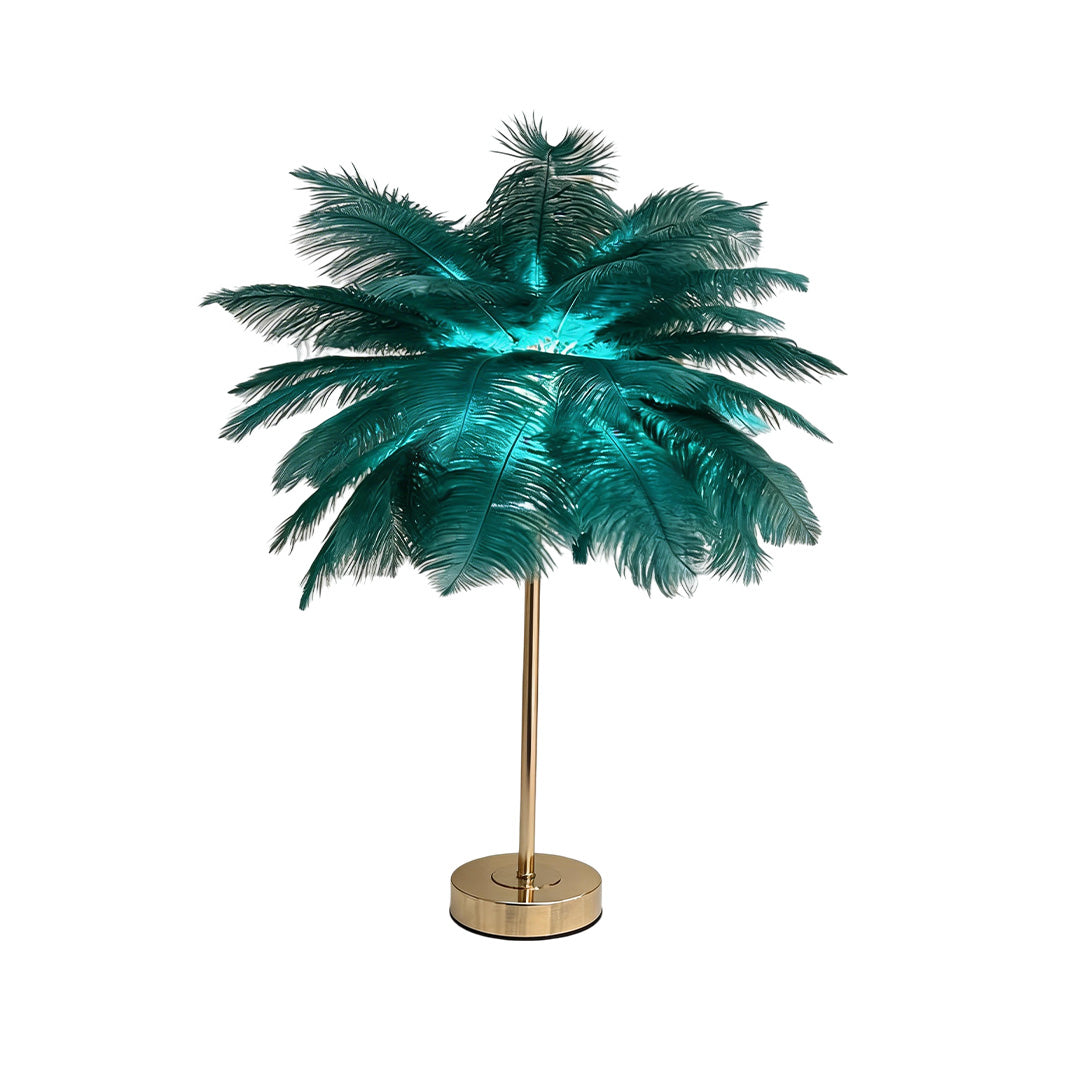 Ostrich feather table lamp with a blue feather design, placed on a wooden table.