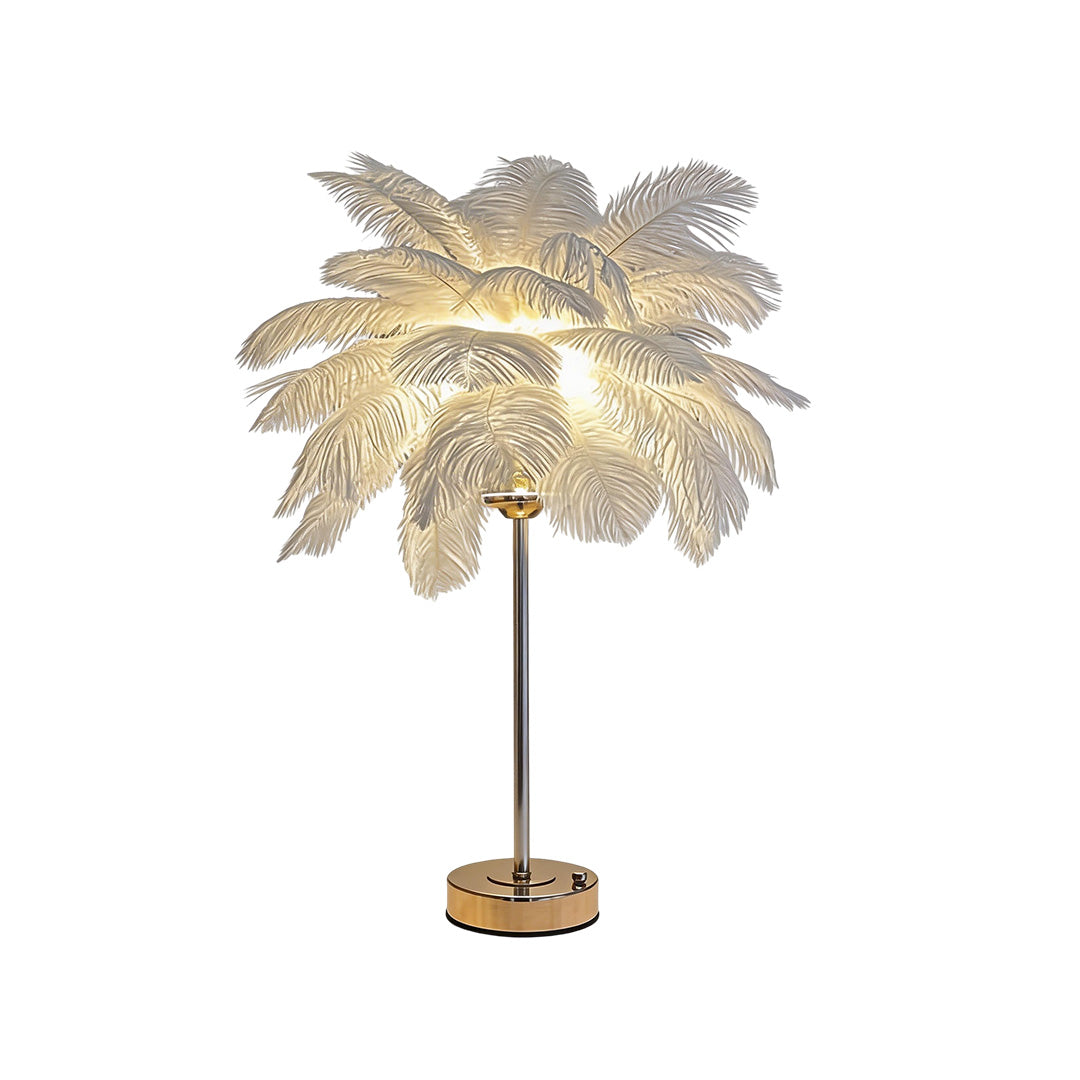 Ostrich feather table lamp with a pink feather design, providing ambient lighting.