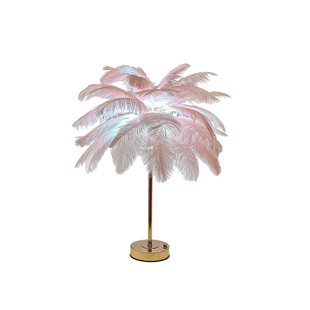 Ostrich feather table lamp with a pink feather design, providing warm illumination.