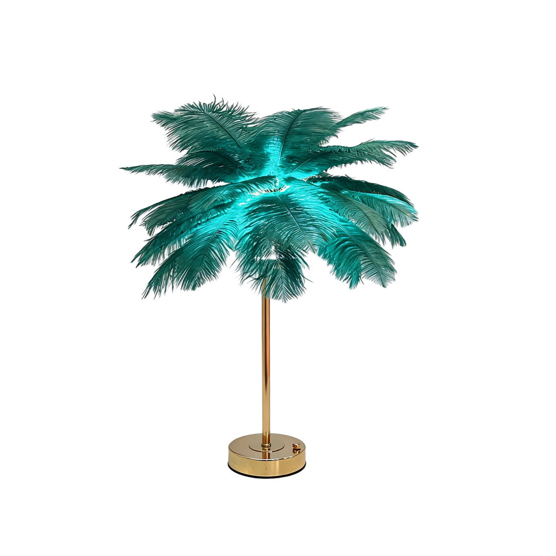 Ostrich feather table lamp with a teal feather design, enhancing a modern interior.