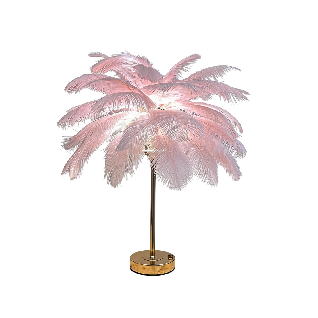 Ostrich feather table lamp with a teal feather design, enhancing a stylish room.