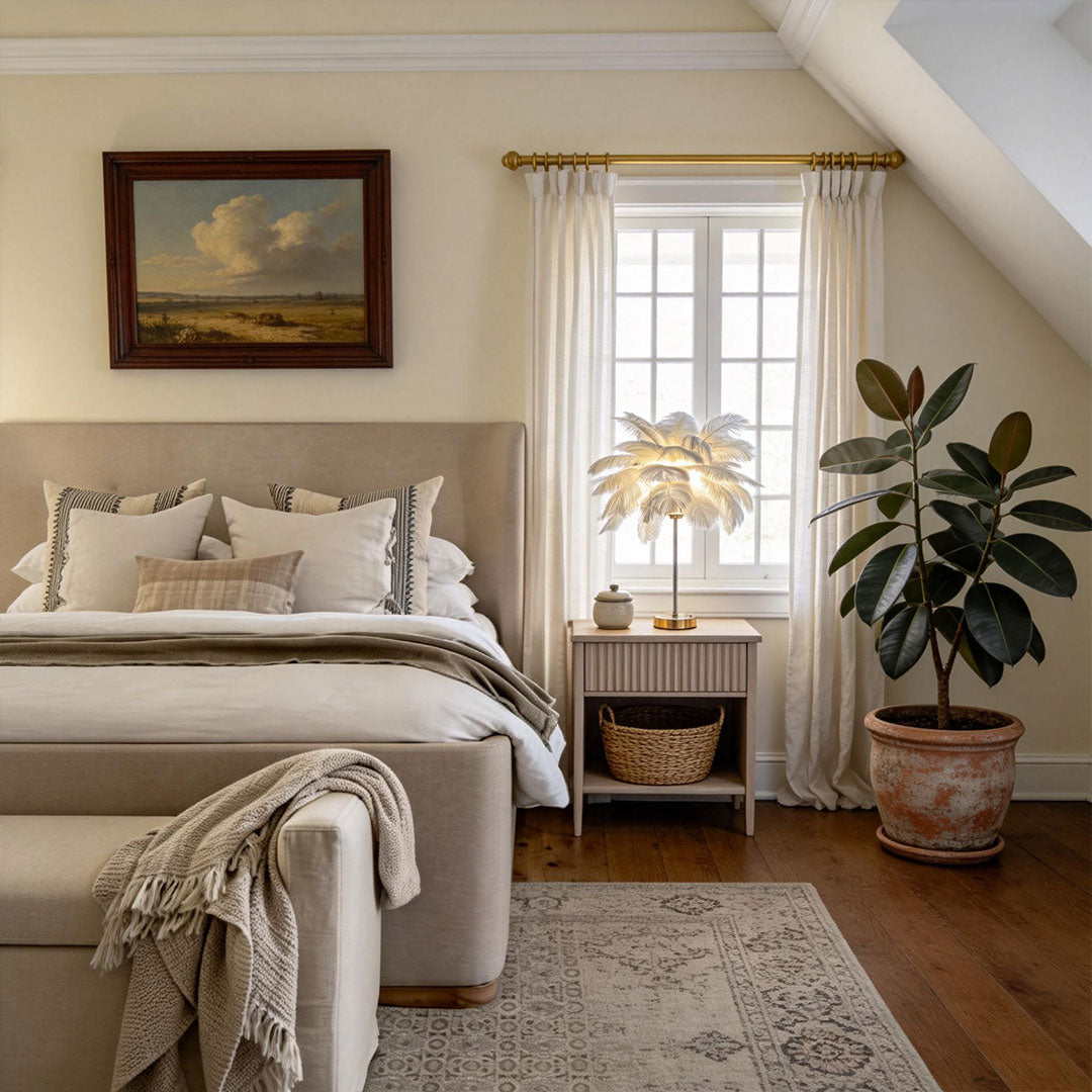 Ostrich feather table lamp with a white feather design, placed in a cozy bedroom corner.