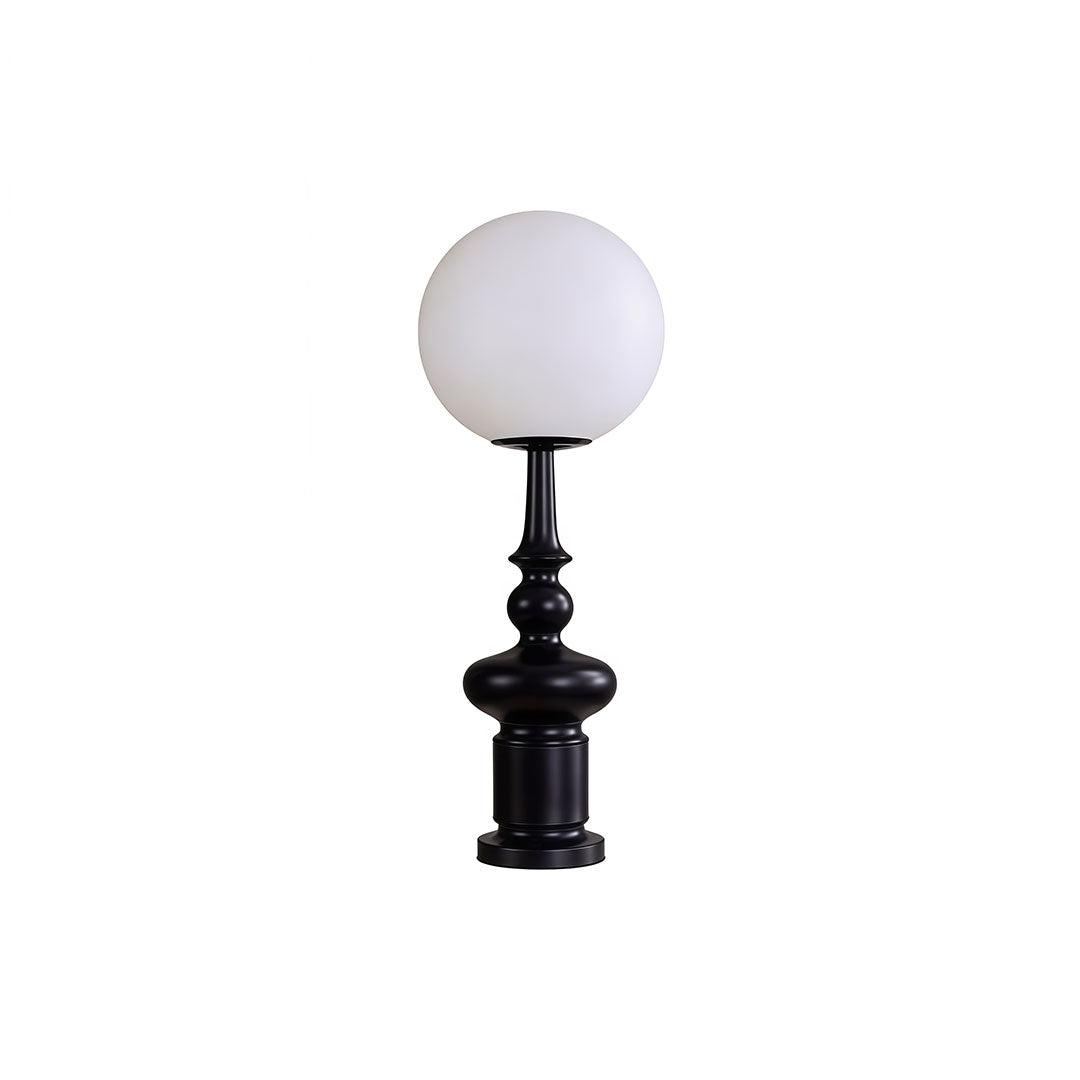 Outdoor black floor lamps with a sleek design, placed on a patio.