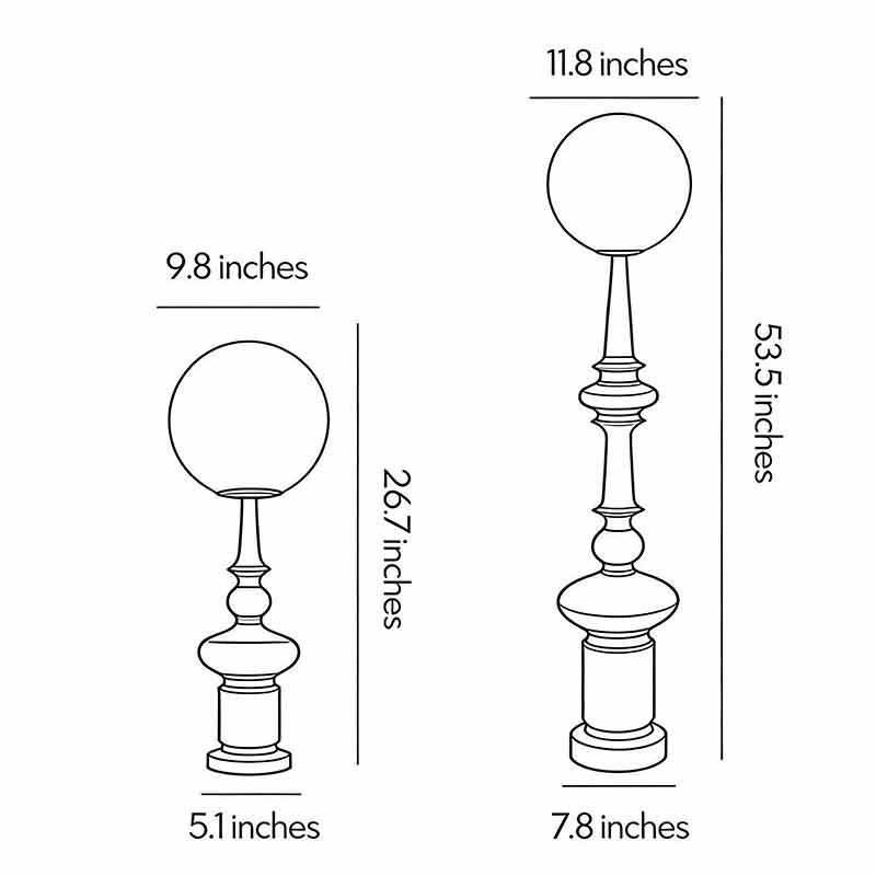 Technical diagram of outdoor black floor lamps showing dimensions and installation details.