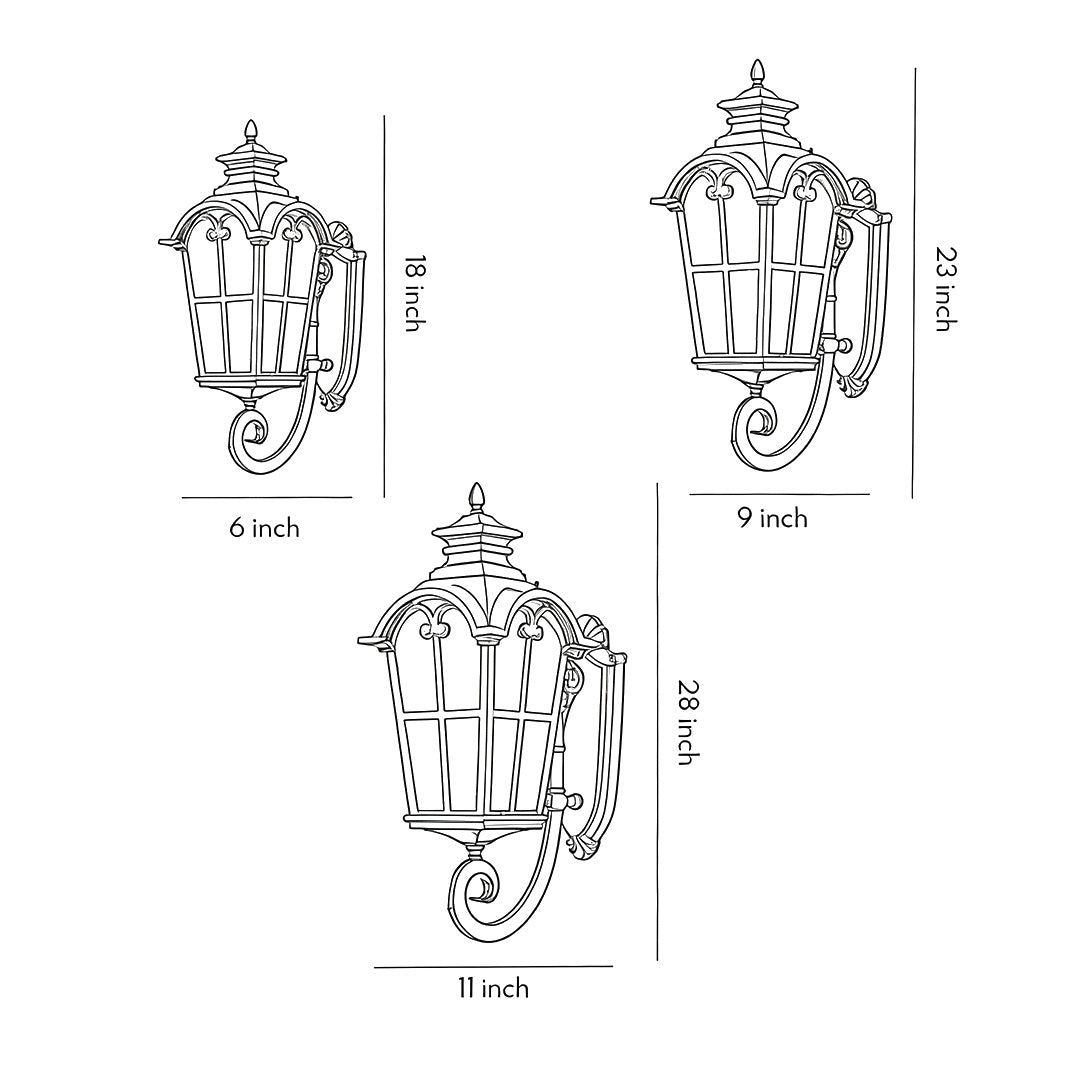 Dimension diagram of outdoor black sconces showing various sizes for installation reference.