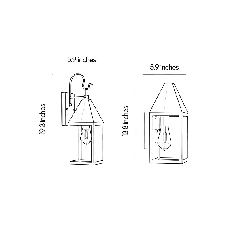 Outdoor black sconce dimension drawing showing fixture height, width, and side profile measurements.