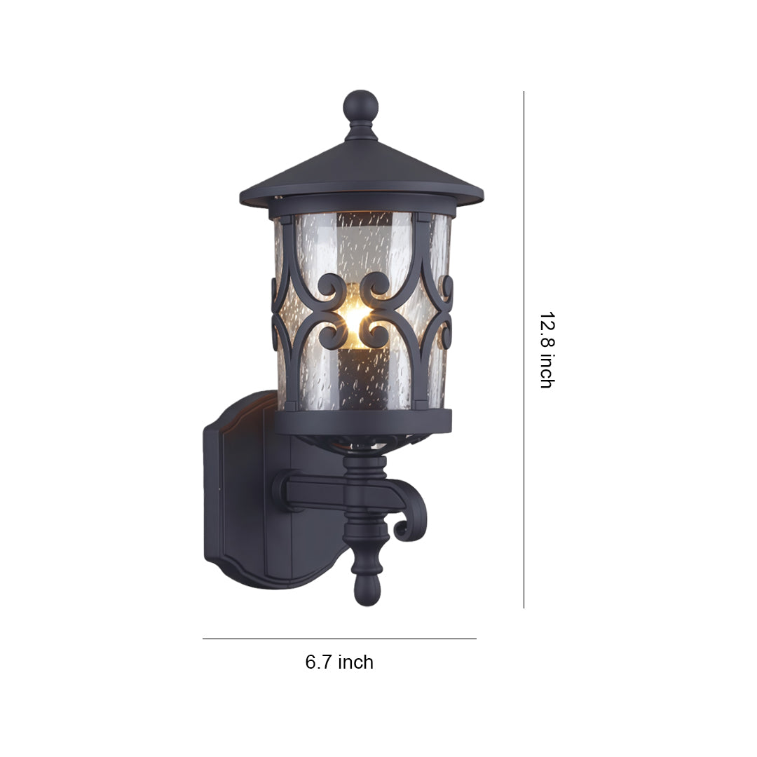 Outdoor black sconce with decorative pagoda-style lantern top and clear glass panels, displayed with dimension guide