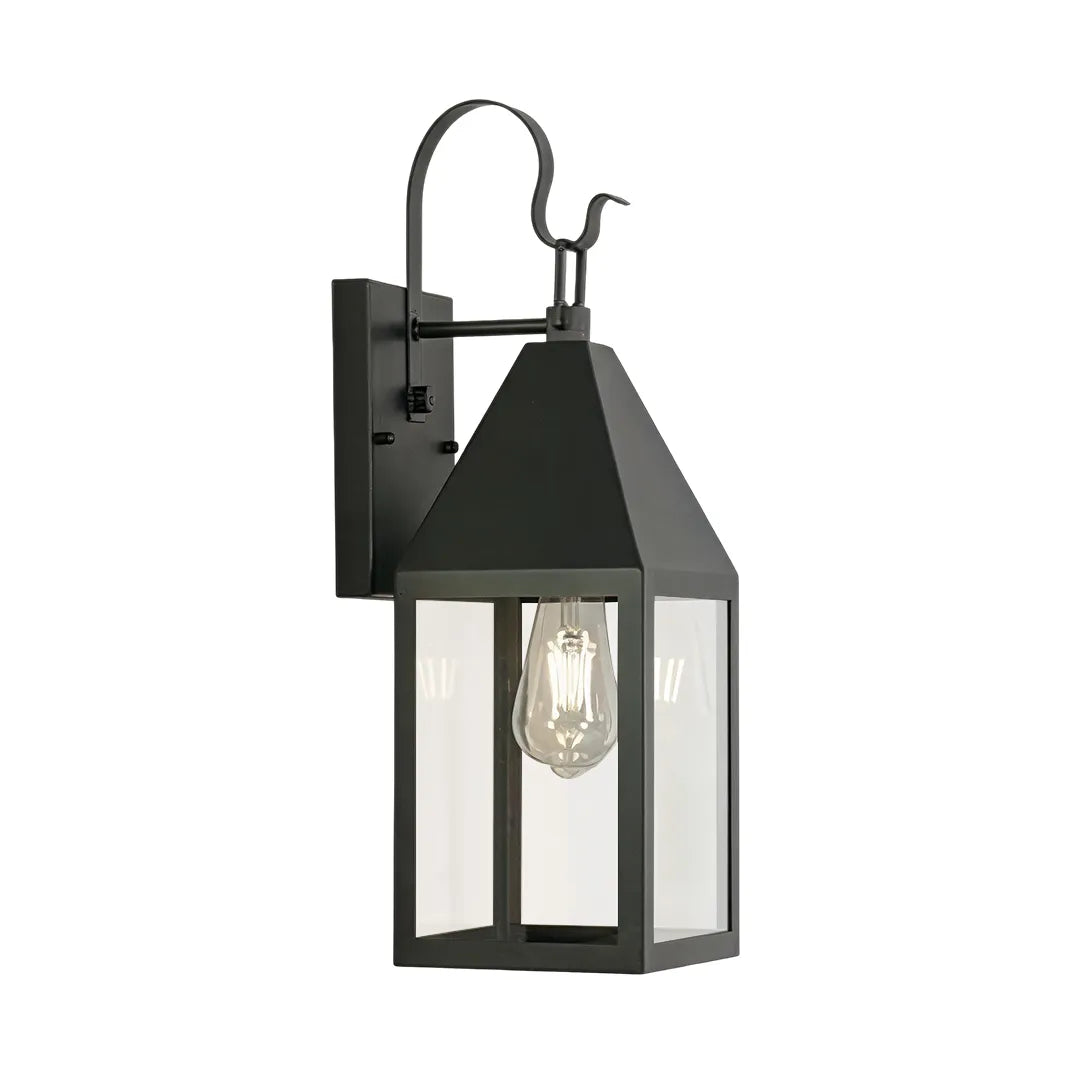Outdoor black sconce product image with a curved top arm and rectangular backplate on a white background.