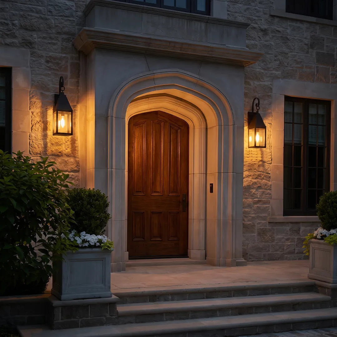 Outdoor black sconce installed on a stone facade beside an arched wooden front door, casting a warm glow at dusk.