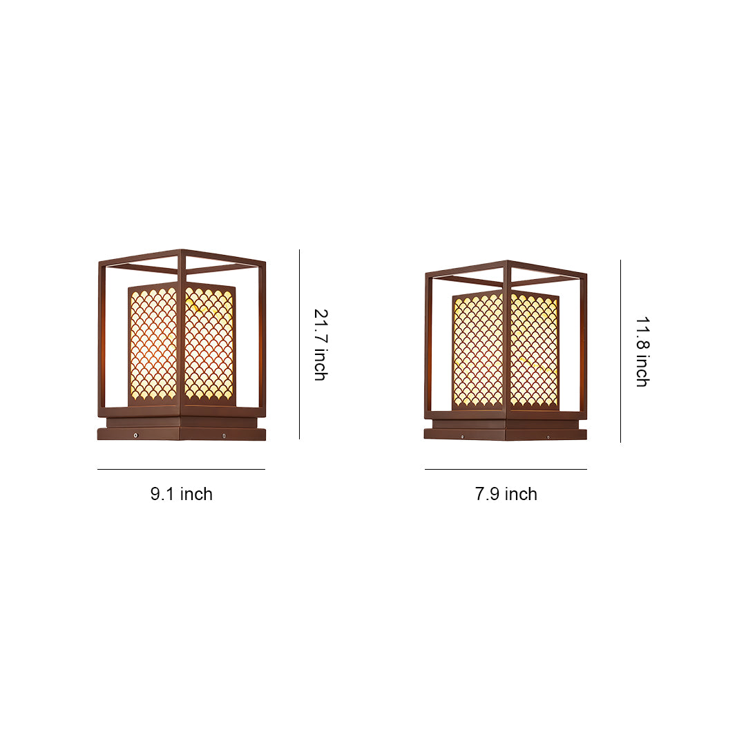 Outdoor bollard lighting with a unique geometric design, providing soft, warm illumination for garden spaces.