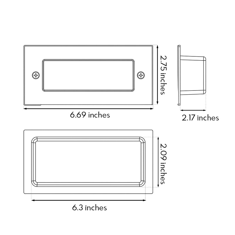 Dimension diagram of outdoor brick light showing 6.69-inch width, 2.75-inch height, and 2.17-inch depth.