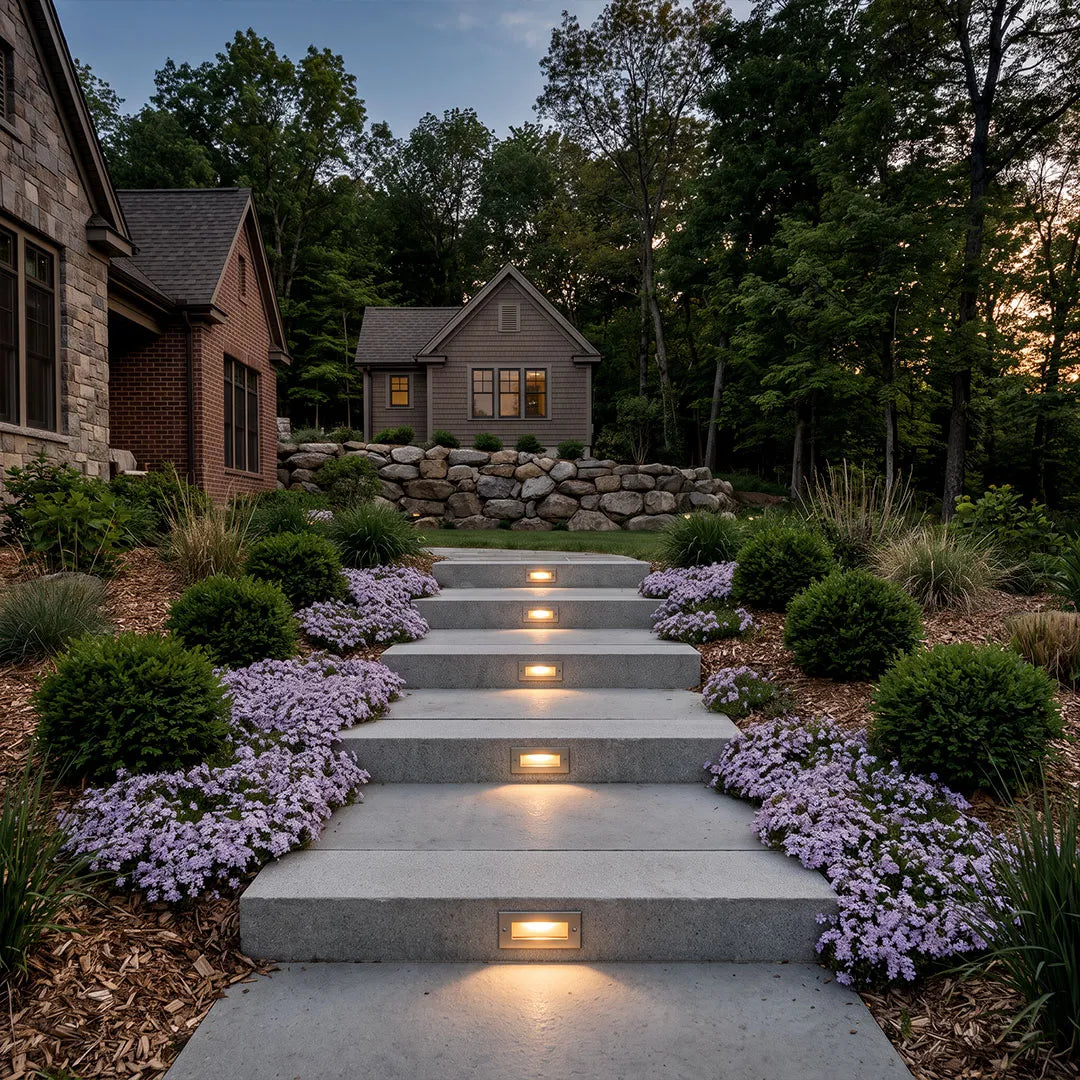 Outdoor brick light lining wide landscape steps, creating a welcoming illuminated path to a backyard cottage.