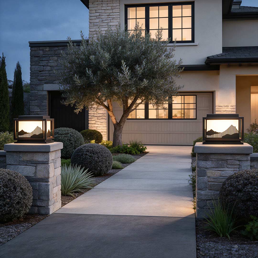 Outdoor brick pillar lights enhancing a contemporary house entrance with elegant directional light.