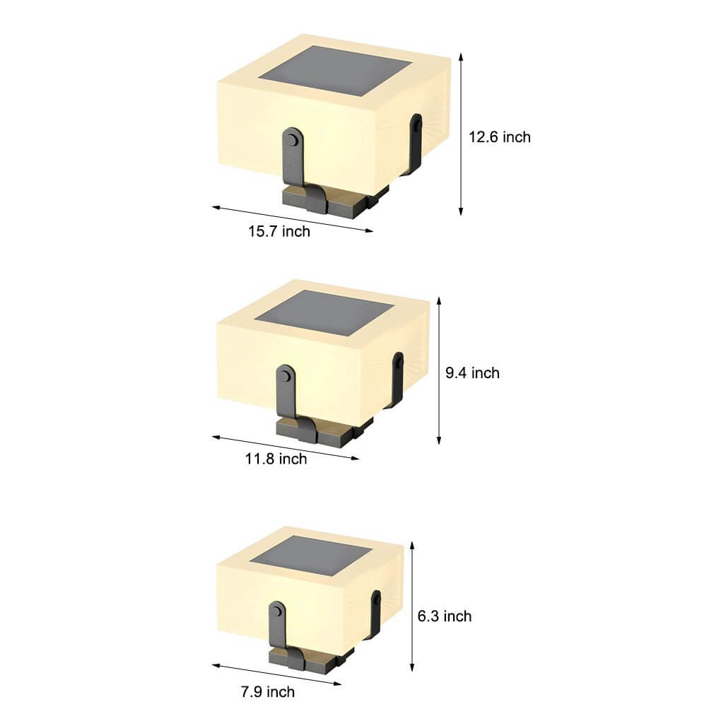 Dimension diagram of outdoor brick pillar lights, showing various sizes for installation.