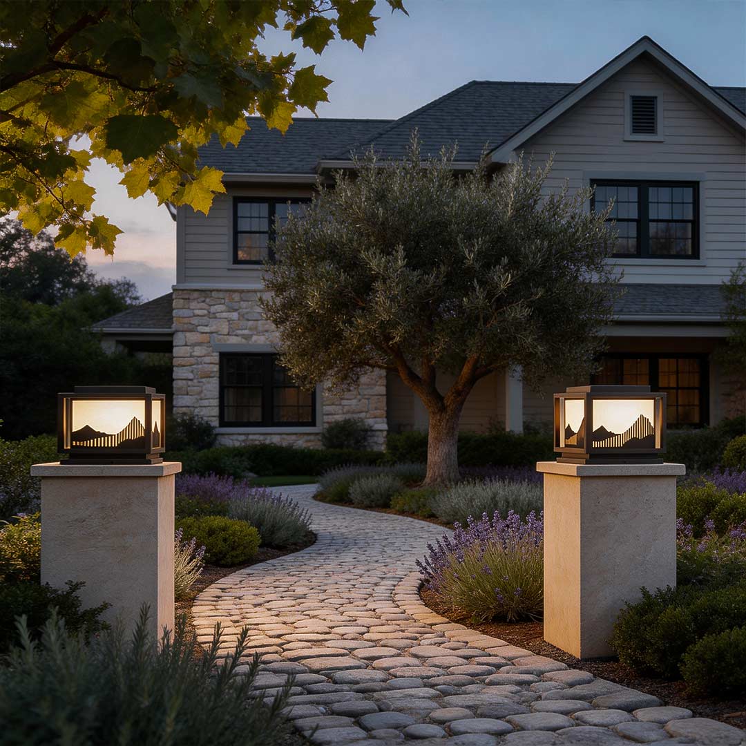 Outdoor brick pillar lights illuminating a modern garden pathway with warm ambient glow.