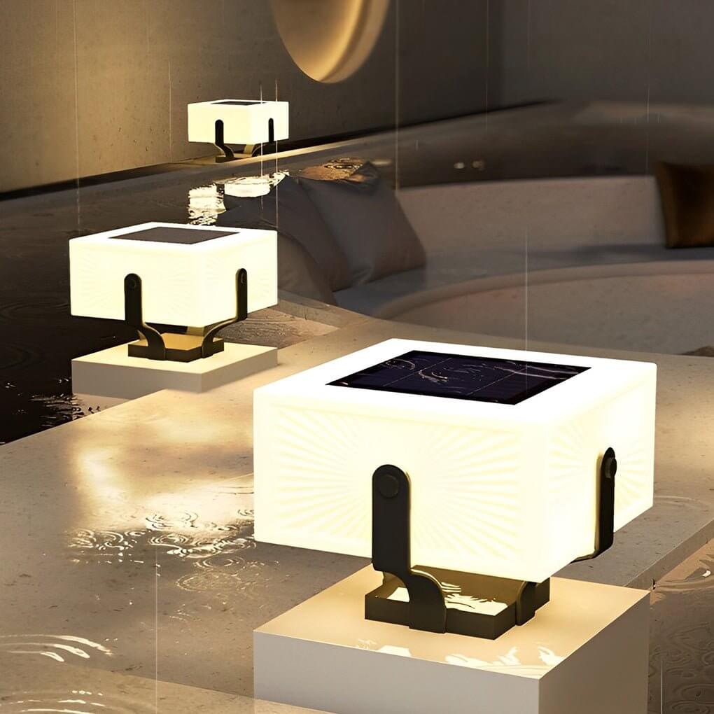 Outdoor brick pillar lights illuminating a pathway, creating a welcoming ambiance for the garden.