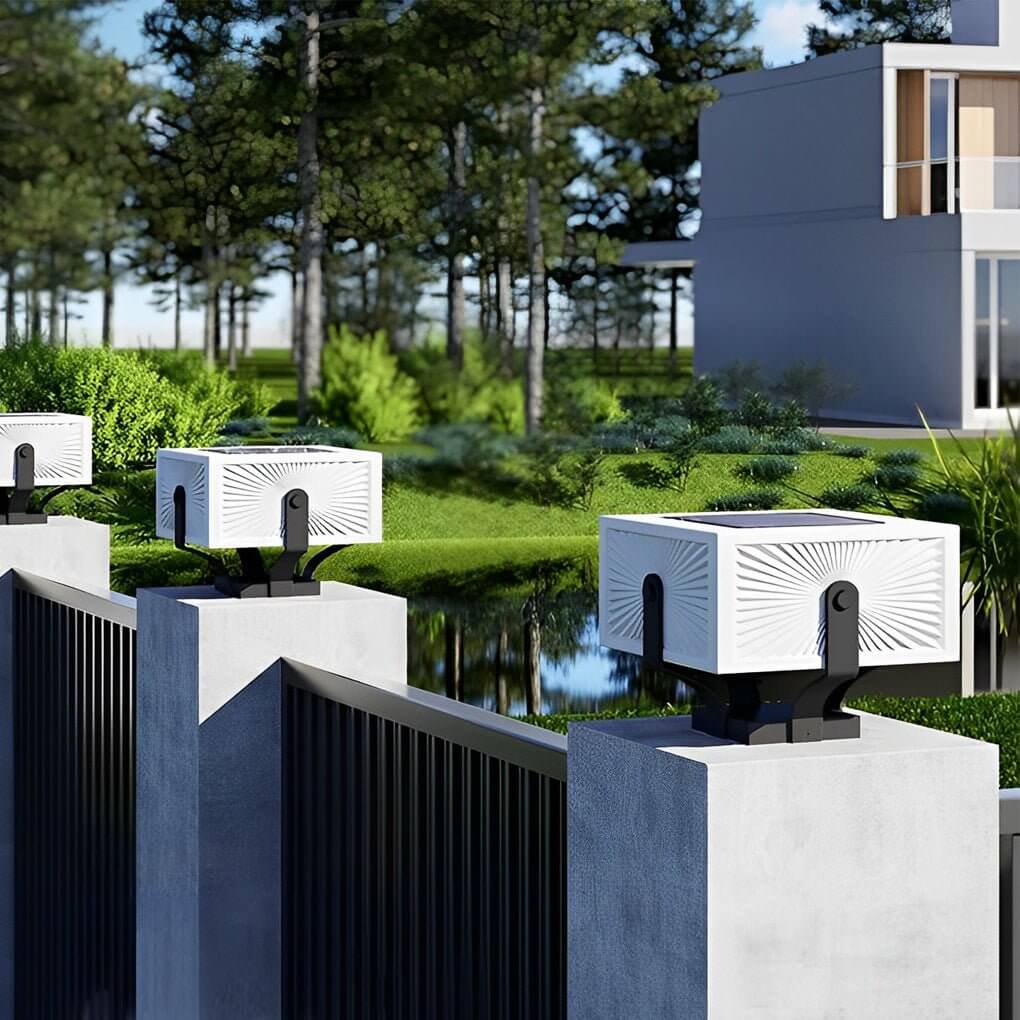 Outdoor brick pillar lights in a row, enhancing the modern outdoor space with consistent lighting.