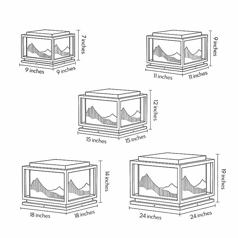 Technical diagram showing dimensions and structure of outdoor brick pillar lights models.