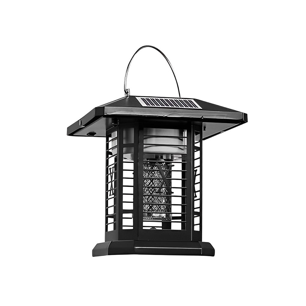 Outdoor bug repellent lights with a black finish, installed near a garden pathway.