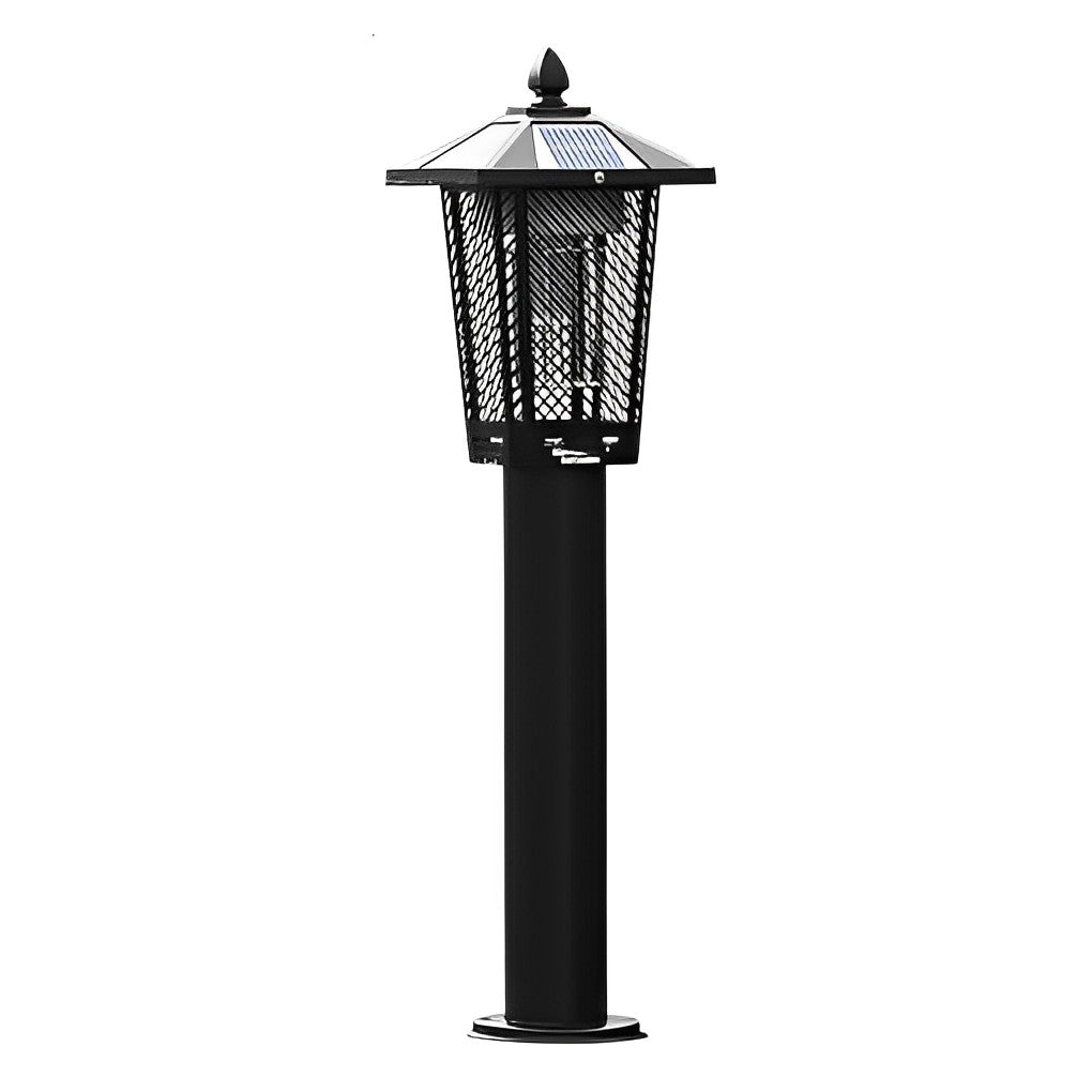 Outdoor bug repellent lights with a close-up of its mesh and solar panel.