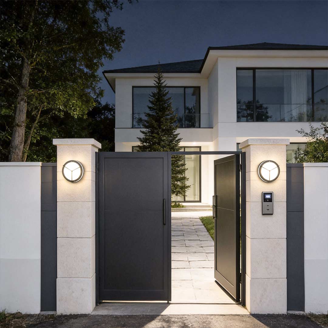 Outdoor ceiling lighting fixtures enhancing a contemporary driveway with elegant ambient light.