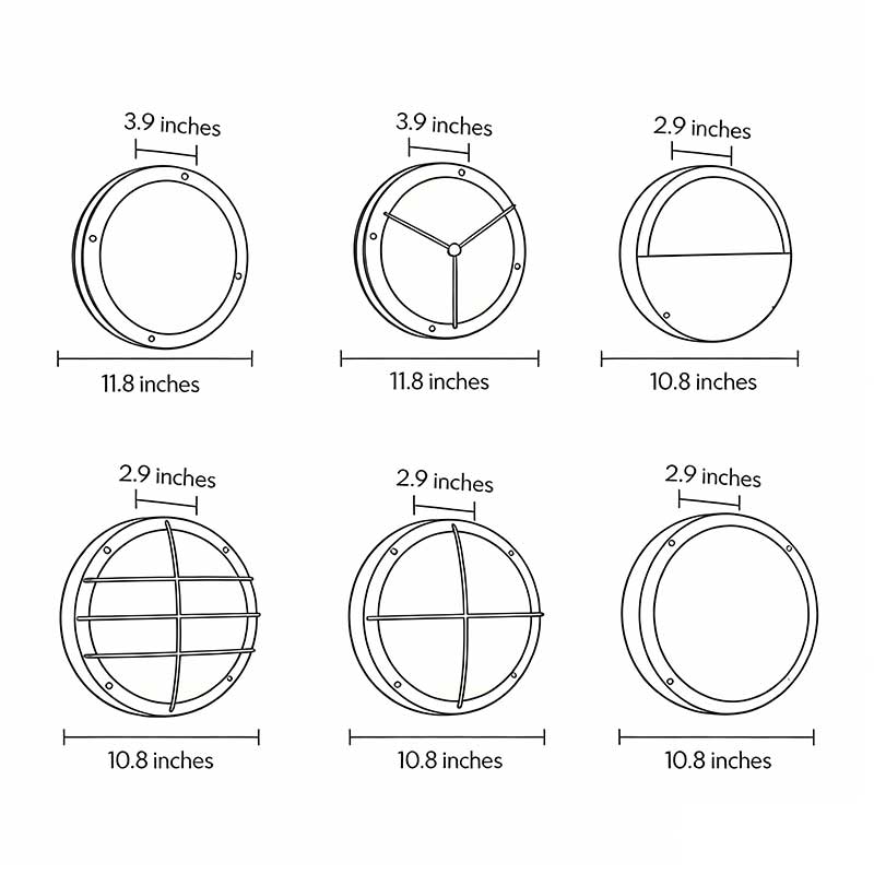 Technical diagram showing dimensions and structure of outdoor ceiling lighting fixtures models.