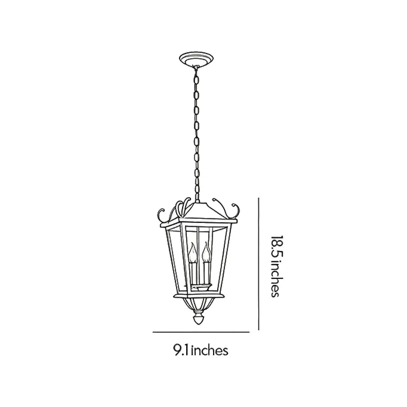 Outdoor ceiling pendant light dimension drawing showing the overall hanging height and lantern width for exterior installation.