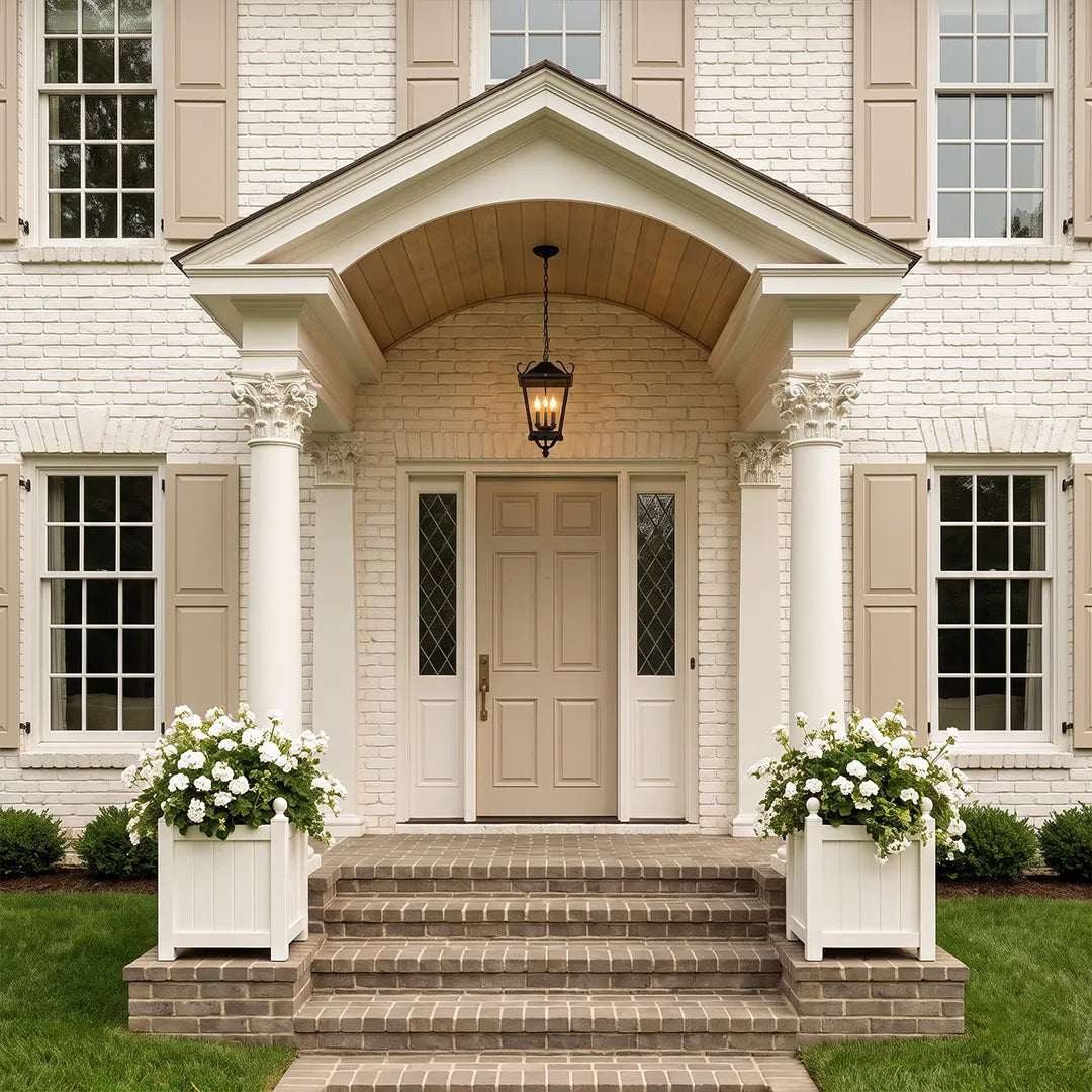 Outdoor ceiling pendant light installed beneath a grand front portico, providing elegant lantern lighting over the entrance steps.