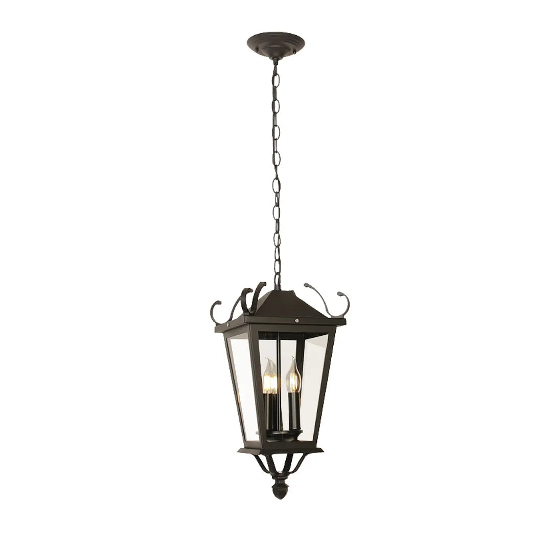 Outdoor ceiling pendant light product image on a white background, showing the full hanging lantern design with chain suspension.