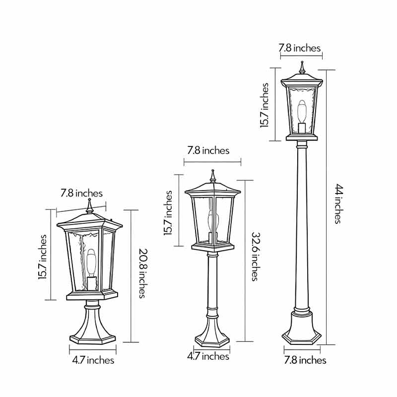 Technical diagram of outdoor driveway pillar lights showing dimensions and installation details.