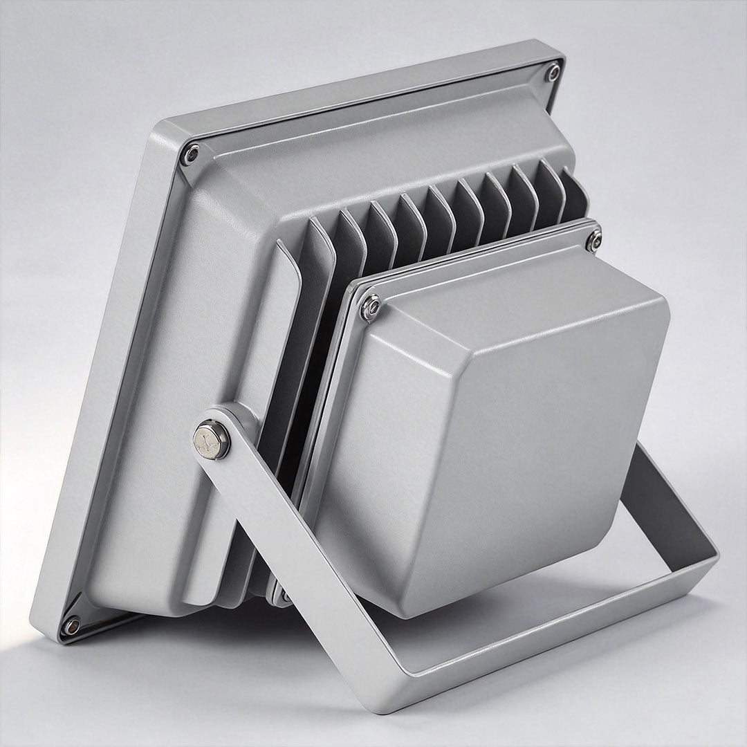 Outdoor flood lights LED with a black finish, mounted on a white wall.