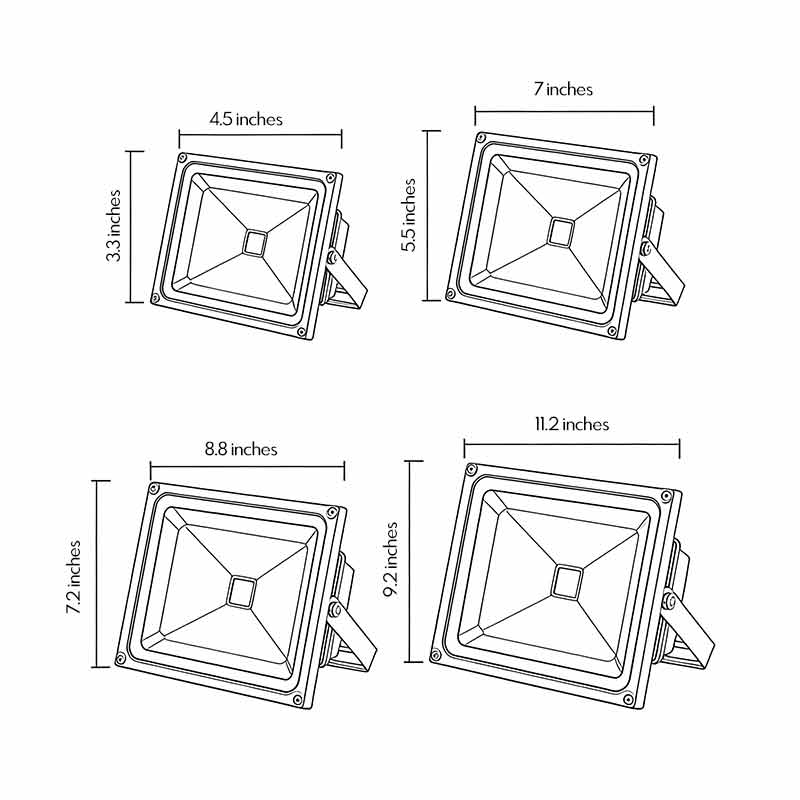 Technical diagram of outdoor flood lights LED showing dimensions and installation details.